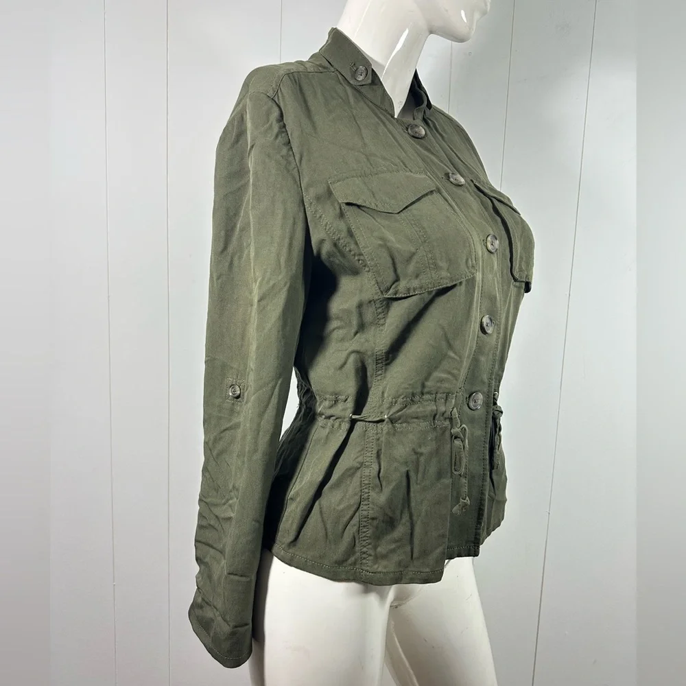 White House Black Market Sz 6 Utility Jacket Shirt Army Green Roll Tab Sleeves